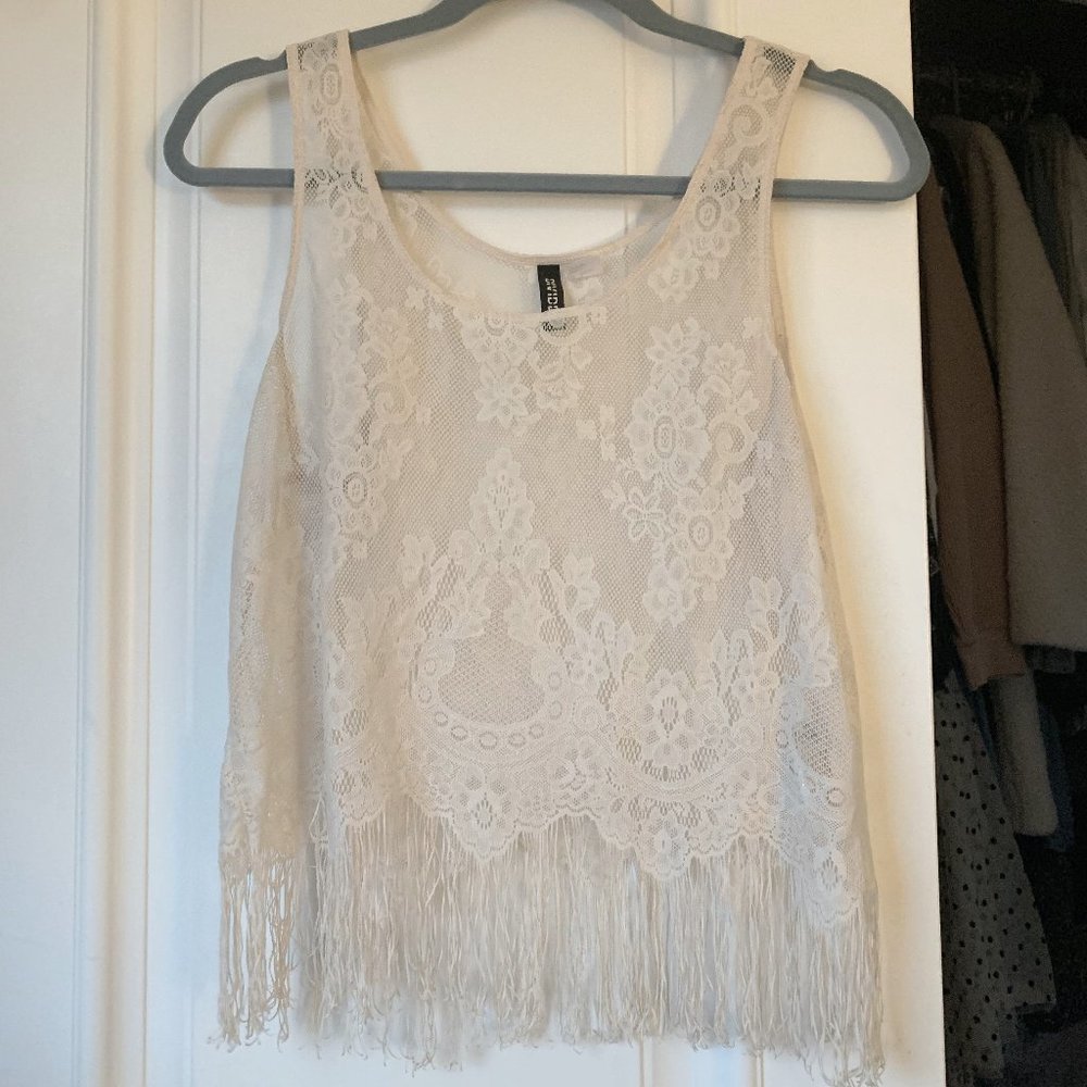 H&M SEXY LACE SEE-THRU FRINGE CROP TOP | SZ SM/MD